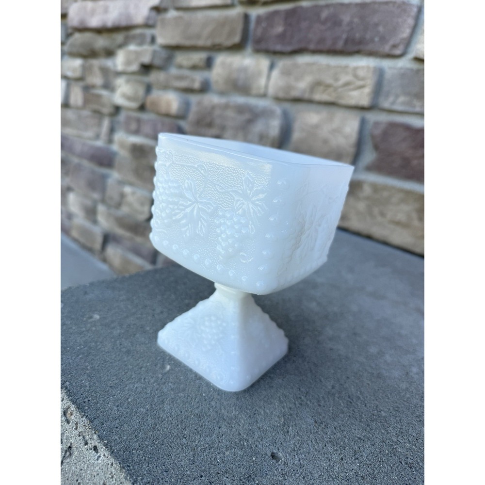 Anchor Hocking Milk Glass Grapes Pedestal Square Candy Dish White Vintage